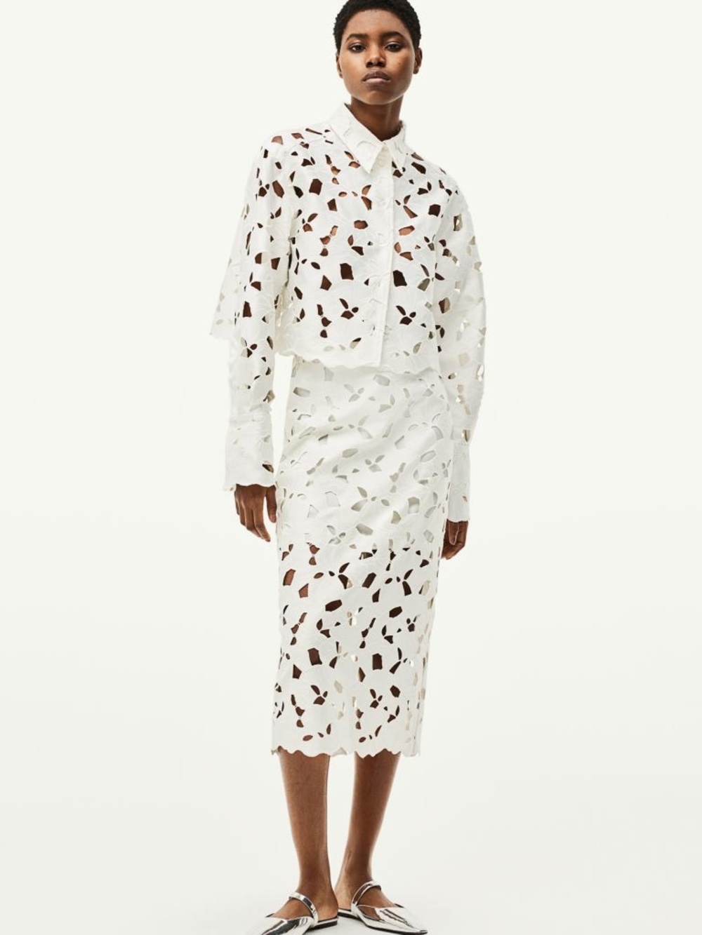 Sz 6 New H&M Satin Midi SET With Eyelet Embroidery White